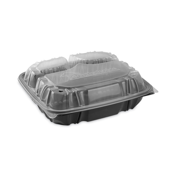 Pactiv Evergreen - EarthChoice Vented Dual Color Microwavable Hinged Lid Container, 3-Compartment 34oz, 10.5x9.5x3, Black/Clear, Plastic, 132/CT (7497068)