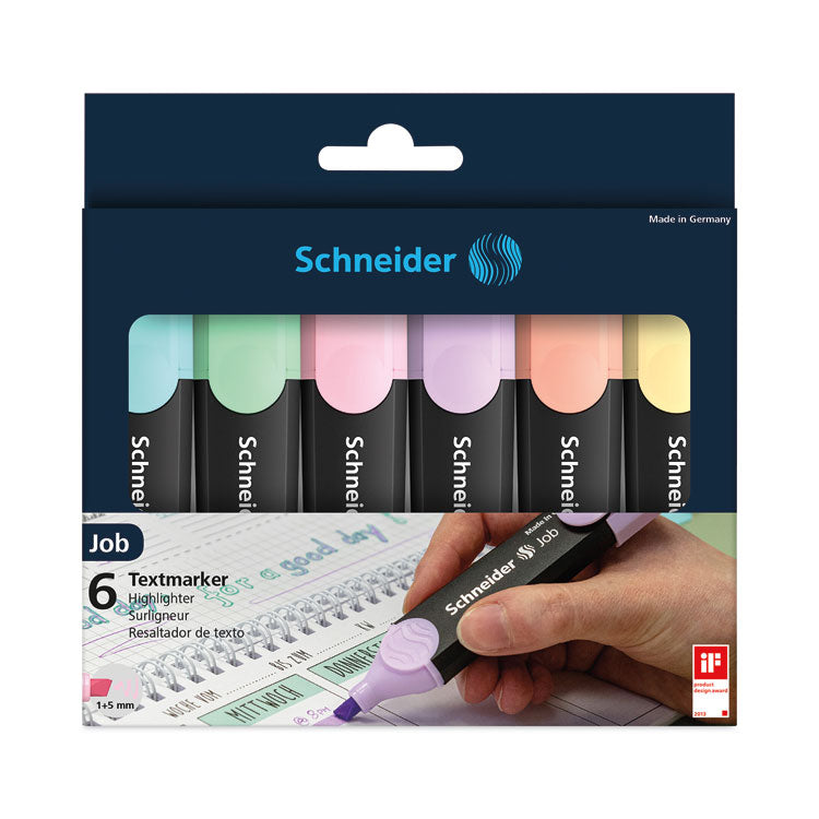 Schneider - Job Pastel Highlighters, Chisel Tip (1mm/5mm), Assorted Ink Colors, Black/Assorted Barrel Colors, 6/Pack