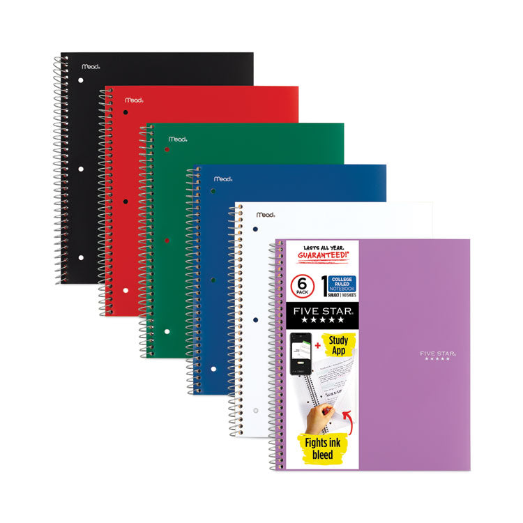Five Star - Wirebound Notebook, 1 Subject, Medium/College Rule, Randomly Assorted Covers, 11 x 8.5, 100 Sheets, 6/Pack