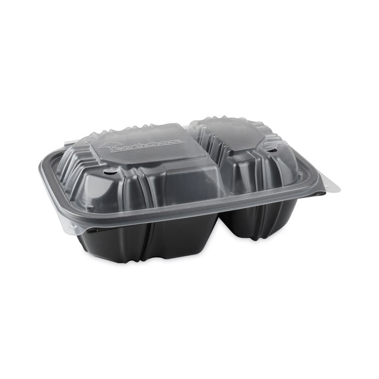 Pactiv Evergreen - EarthChoice Vented Dual Color Microwavable Hinged Lid Container, 2-Compartment, 20 oz, 9x6x3, Black/Clear, Plastic, 140/CT