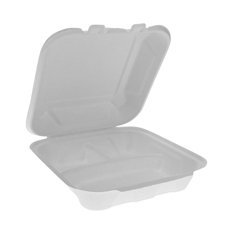 Pactiv Evergreen - EarthChoice Bagasse Hinged Lid Container, 3-Compartment, Dual Tab Lock, 7.8 x 7.8 x 2.8, Natural, Sugarcane, 150/Carton