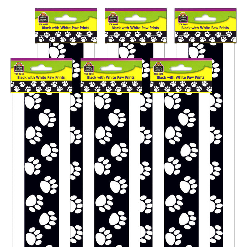 TEACHER CREATED RESOURCES - Black with White Paw Prints Border Trim, 35 Feet Per Pack, 6 Packs