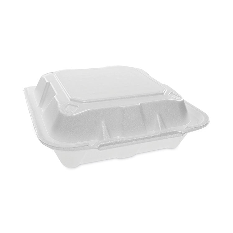 Pactiv Evergreen - Vented Foam Hinged Lid Container, Dual Tab Lock, 8.42 x 8.15 x 3, White, 150/Carton