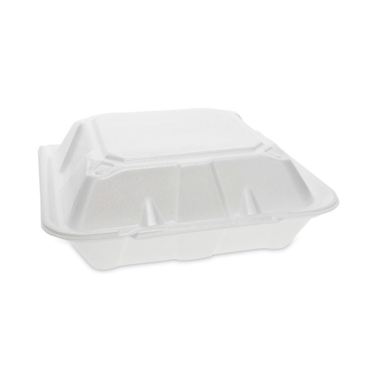 Pactiv Evergreen - Vented Foam Hinged Lid Container, Dual Tab Lock, 3-Compartment, 9.13 x 9 x 3.25, White, 150/Carton