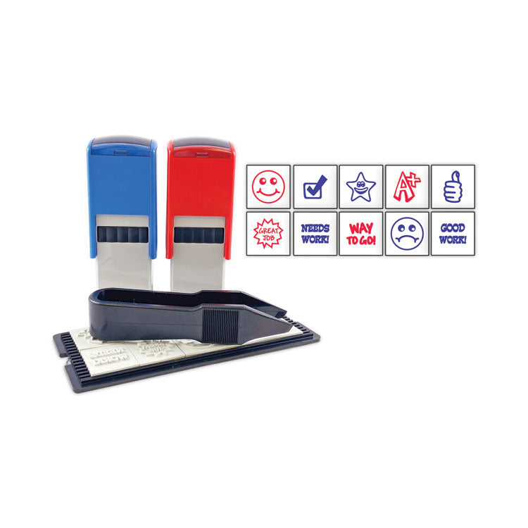 Trodat - Printy 10-in-1 Self-Inking Teacher Stamp, Incudes 10 Dies, 0.63" Diameter, Blue/Red