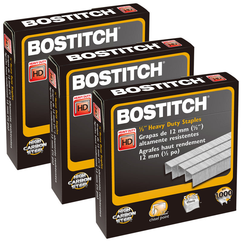 BOSTITCH - Premium Heavy Duty Staples, 1/2", 1000 Per Pack, 3 Packs