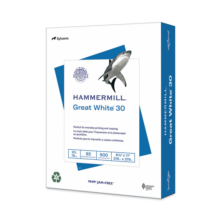 Hammermill - Great White 30 Recycled Print Paper, 92 Bright, 20 lb Bond Weight, 8.5 x 11, White, 500/Ream