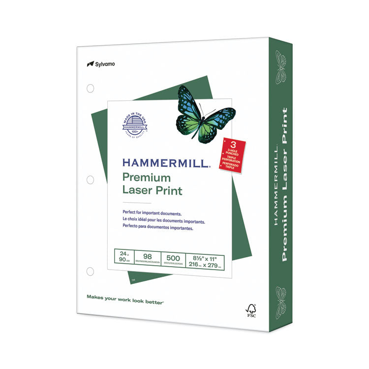 Hammermill - Premium Laser Print Paper, 98 Bright, 3-Hole, 24 lb Bond Weight, 8.5 x 11, White, 500/Ream