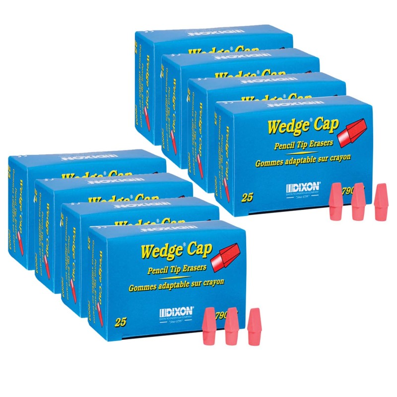 DIXON - Wedge Pencil Cap Erasers, Pink, 25 Per Pack, 8 Packs