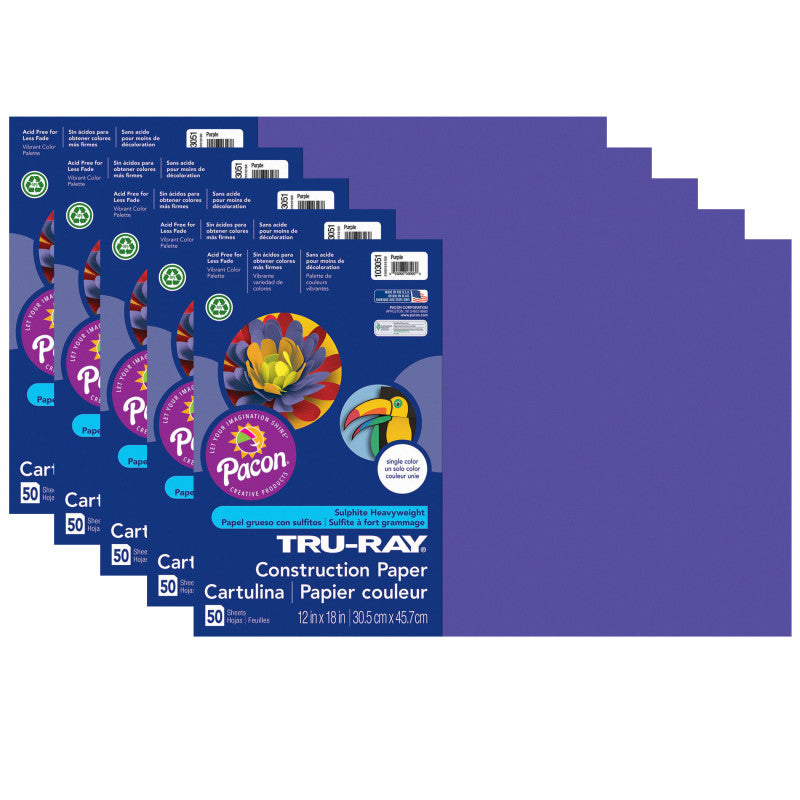 TRU-RAY - Construction Paper, Purple, 12" x 18", 50 Sheets Per Pack, 5 Packs
