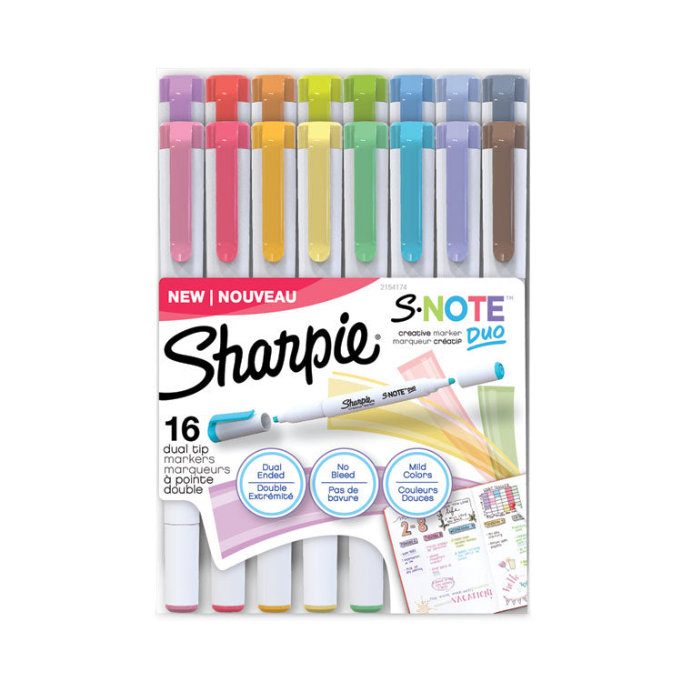 Sharpie - S-Note Creative Markers, Assorted Ink Colors, Bullet/Chisel Tip, White Barrel, 16/Pack