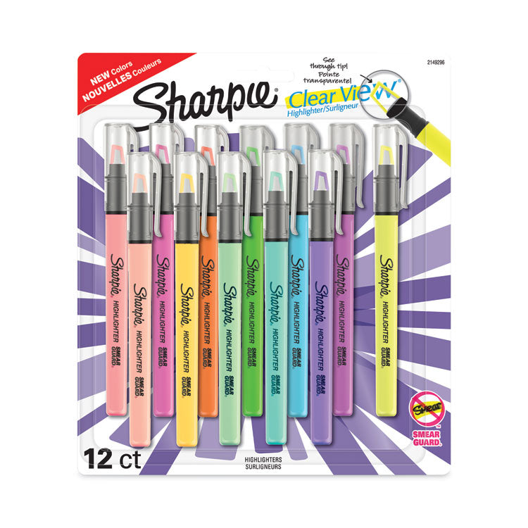 Sharpie - Clearview Pen-Style Highlighter, Assorted Ink Colors, Chisel Tip, Assorted Barrel Colors, 12/Pack