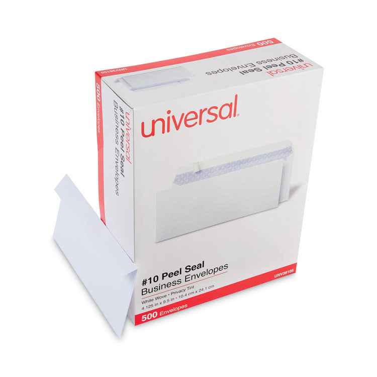 Universal - Peel Seal Strip Security Tint Business Envelope, #10, Square Flap, Self-Adhesive Closure, 4.25 x 9.63, White, 500/Box