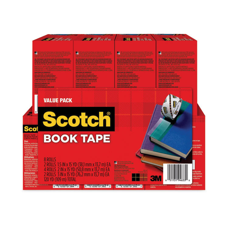 Scotch - Book Tape Value Pack, 3" Core, (2) 1.5" x 15 yds, (4) 2" x 15 yds, (2) 3" x 15 yds, Clear, 8/Pack