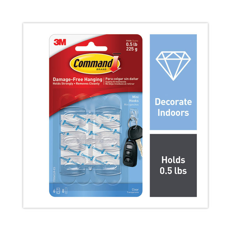 Command - Clear Hooks and Strips, Plastic, Mini, 6 Hooks and 8 Strips/Pack