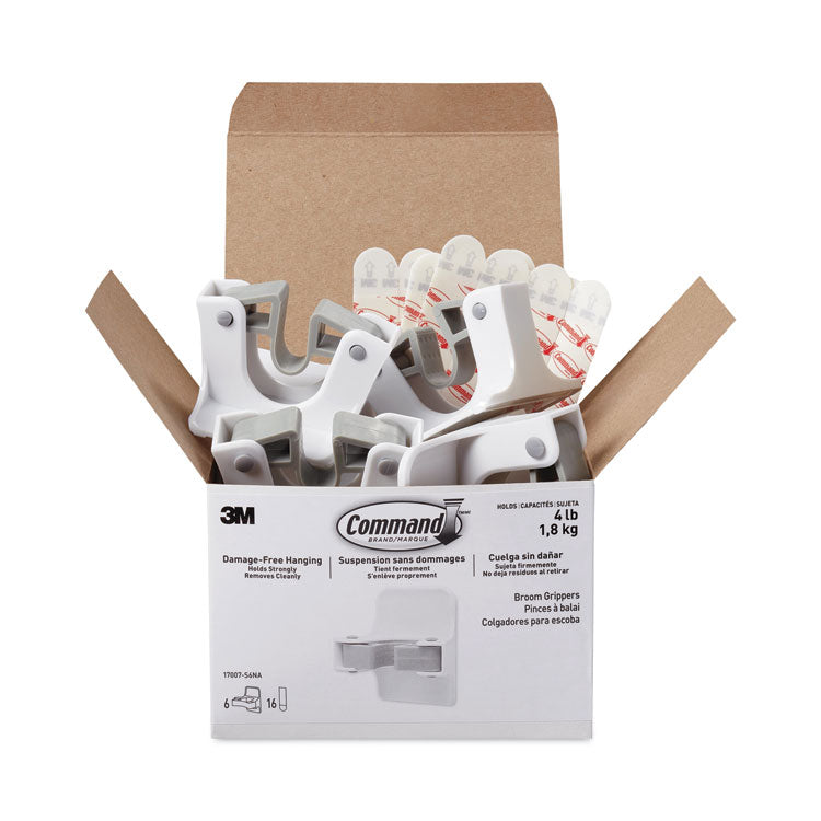 Command - Broom Gripper, 3.12 x 1.85 x 3.34, White/Gray, 6 Grippers/16 Strips/Pack