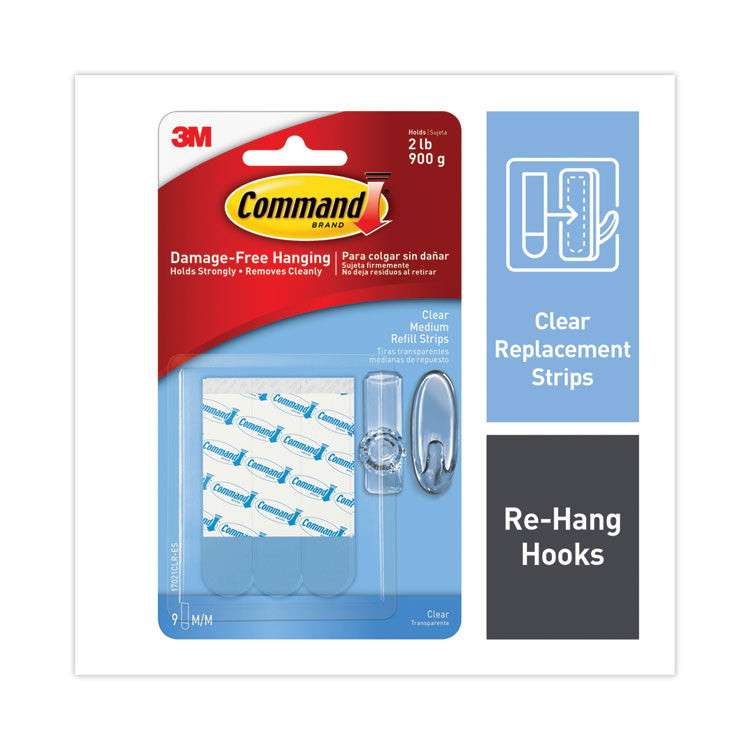 Command - Refill Strips, Removable, Holds Up to 2 lbs, 0.63 x 1.75, Clear, 9/Pack