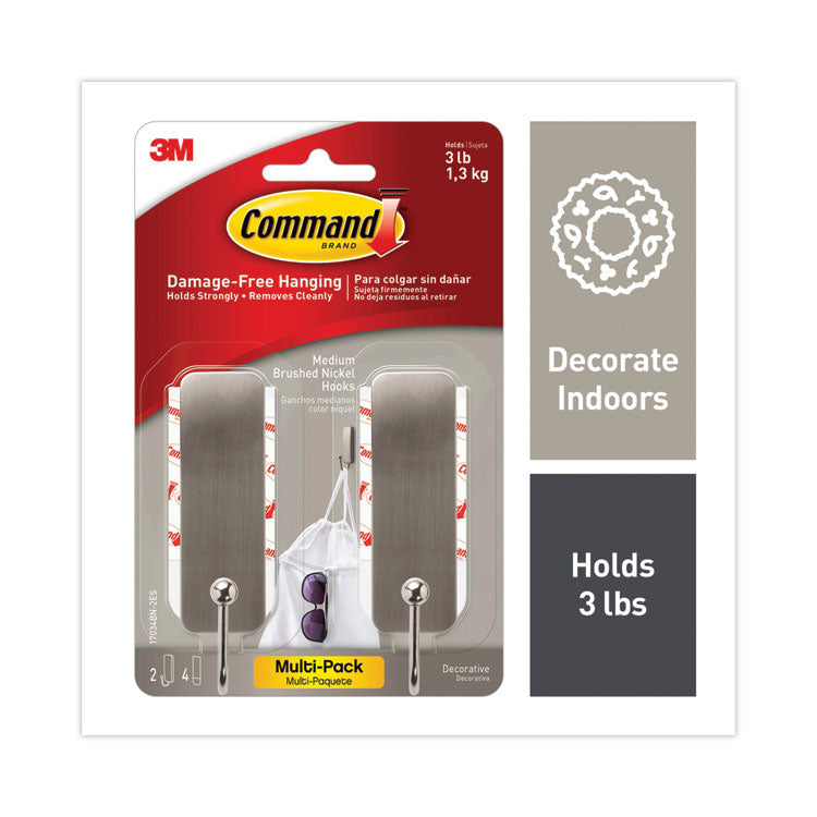 Command - Decorative Hooks, Medium, Brushed Nickel, 2 Hook and 4 Strips/Pack