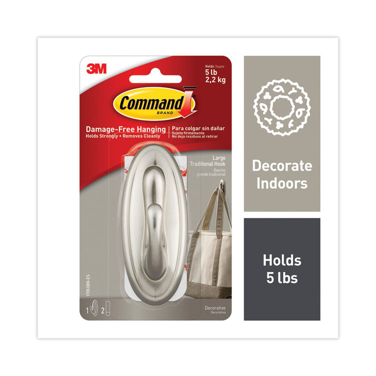 Command - Decorative Hooks, Traditional, Large, 1 Hook and 2 Strips/Pack