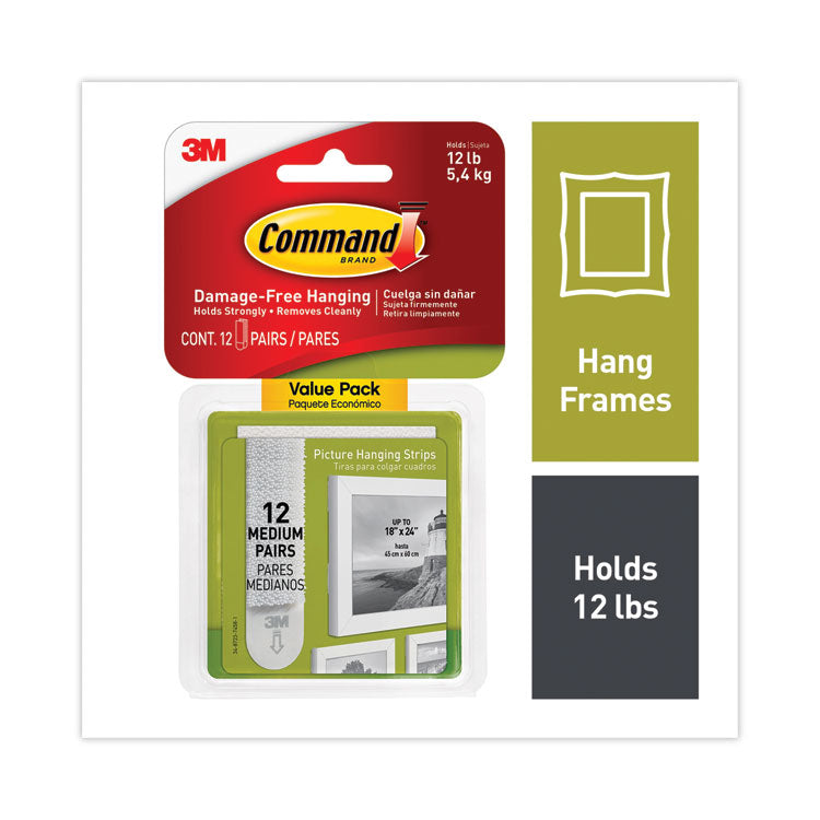 Command - Picture Hanging Strips, Value Pack, Medium, Removable, Holds Up to 12 lbs, 0.75 x 2.75, White, 12 Pairs/Pack