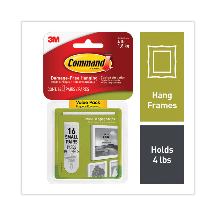 Command - Picture Hanging Strips, Value Pack, Small, Removable, Holds Up to 4 lbs, 0.63 x 1.81, White, 16 Pairs/Pack