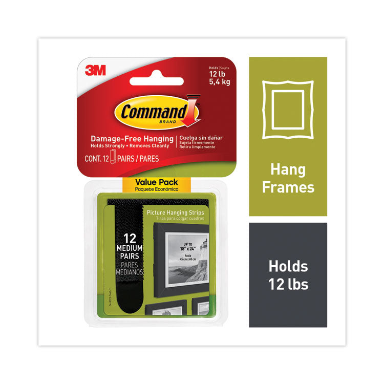 Command - Picture Hanging Strips, Value Pack, Medium, Removable, Holds Up to 12 lbs,  0.75 x 2.75, Black, 12 Pairs/Pack