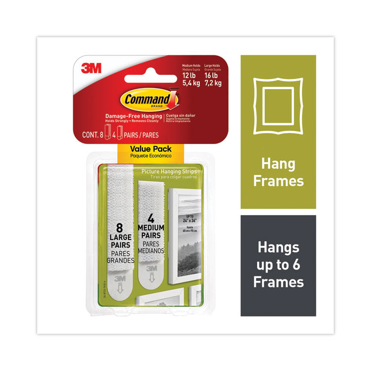 Command - Picture Hanging Strips, Value Pack, Removable, (8) Large 0.63 x 3.63 Pairs, (4) Medium 0.5 x 2.75 Pairs, White