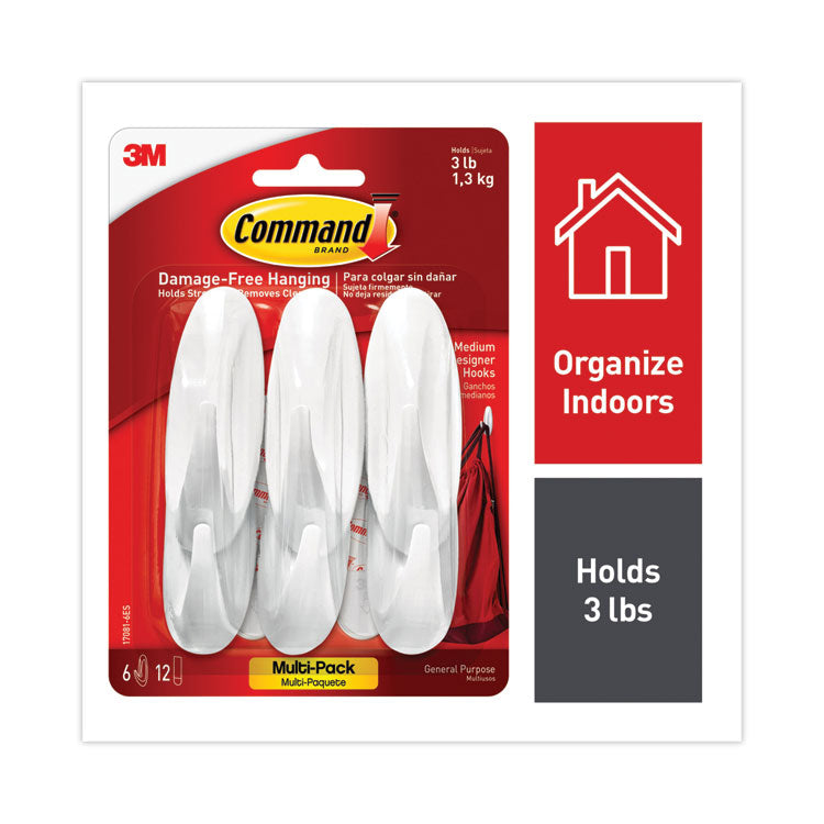 Command - Designer Hooks, Plastic, White, 3 lb Cap, 6 Hooks and 12 Strips/Pack