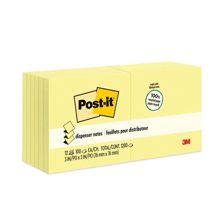 Post-it Greener Notes - Original Recycled Pop-up Notes, 3" x 3", Canary Yellow, 100 Sheets/Pad, 12 Pads/Pack