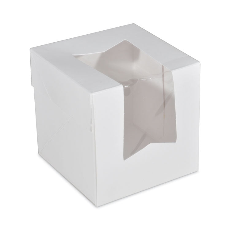 SCT - White Window Bakery Boxes with Attached Flip Top, 4-Corner Beers Design, 4.5 x 4.5 x 4.5, White, Paper, 200/Carton