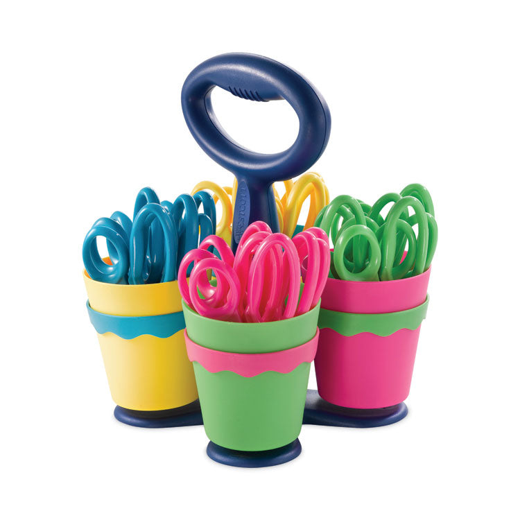 Westcott - Scissor Caddy with Kids' Scissors, 5" Long, 2" Cut Length, Light Blue; Light Green; Pink; Yellow, Straight Handles, 24/Set