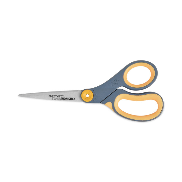Westcott - Non-Stick Titanium Bonded Scissors, 8" Long, 3.25" Cut Length, Gray/Yellow Straight Handle