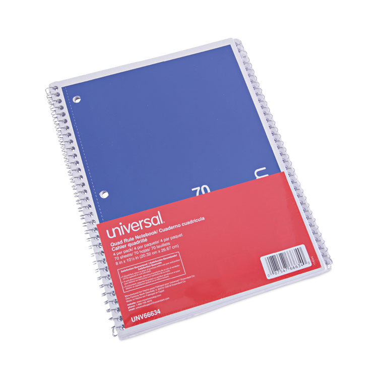 Universal - Wirebound Notebook, 1 Subject, Quadrille Rule, Assorted Covers, 10.5 x 8, 70 Sheets, 4/Pack