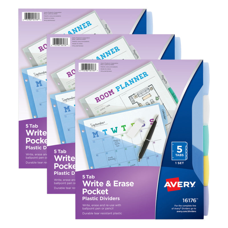 AVERY - Write & Erase Durable Plastic Dividers with Pockets, 5-Tab Set, Multicolor, 3 Sets