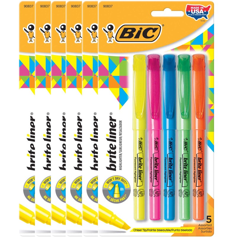 BIC - Brite Liner® Highlighters, Chisel Tip, Assorted Colors, 5 Per Pack, 6 Packs