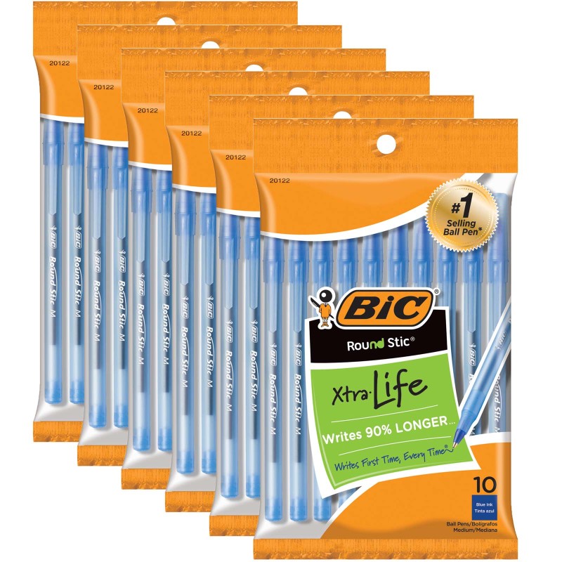 BIC - Round Stic® Xtra Life Ballpoint Pen, Medium Point (1.0mm), Blue, 10 Per Pack, 6 Packs