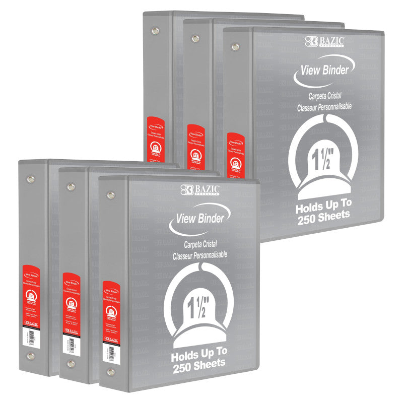 BAZIC PRODUCTS - 3-Ring View Binder with 2 Pockets, 1.5", Gray, Pack of 6