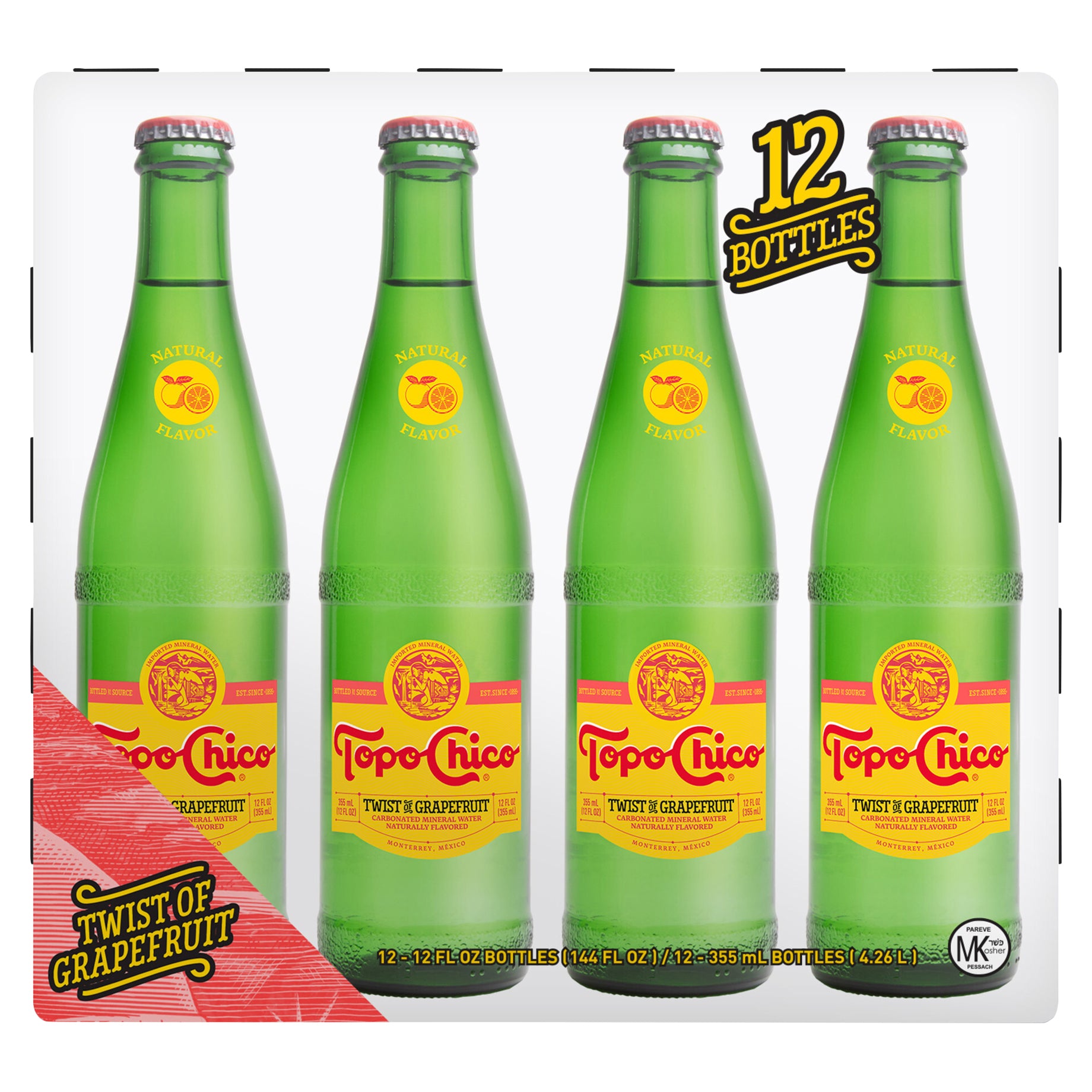 Topo Chico Mineral Water Twist of Grapefruit Glass Bottles, 12 fl oz, 12 Pack - Case of 1