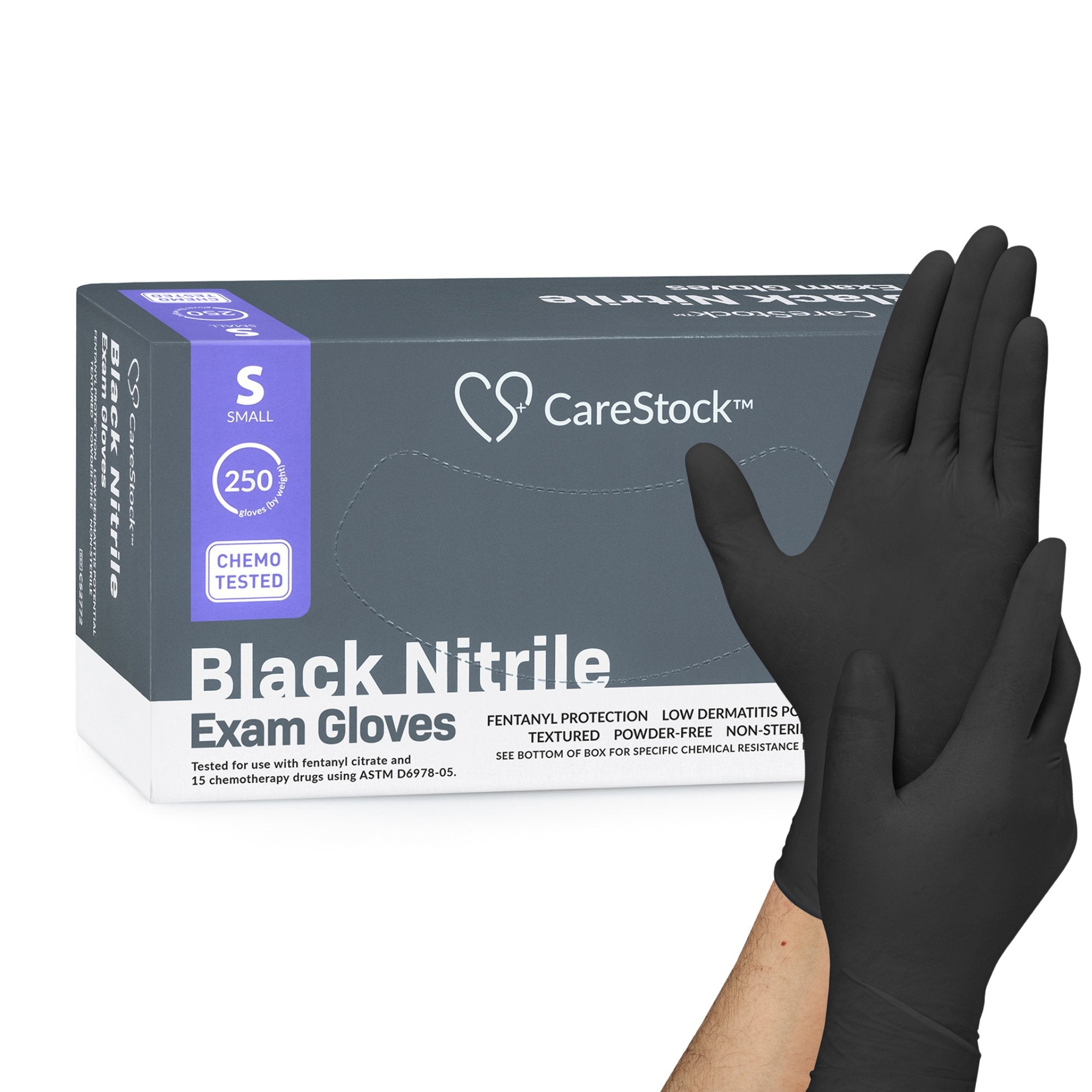 CareStock - Exam Glove CareStock™ Small NonSterile Nitrile Standard Cuff Length Fully Textured Black Not Rated [2500/CS]