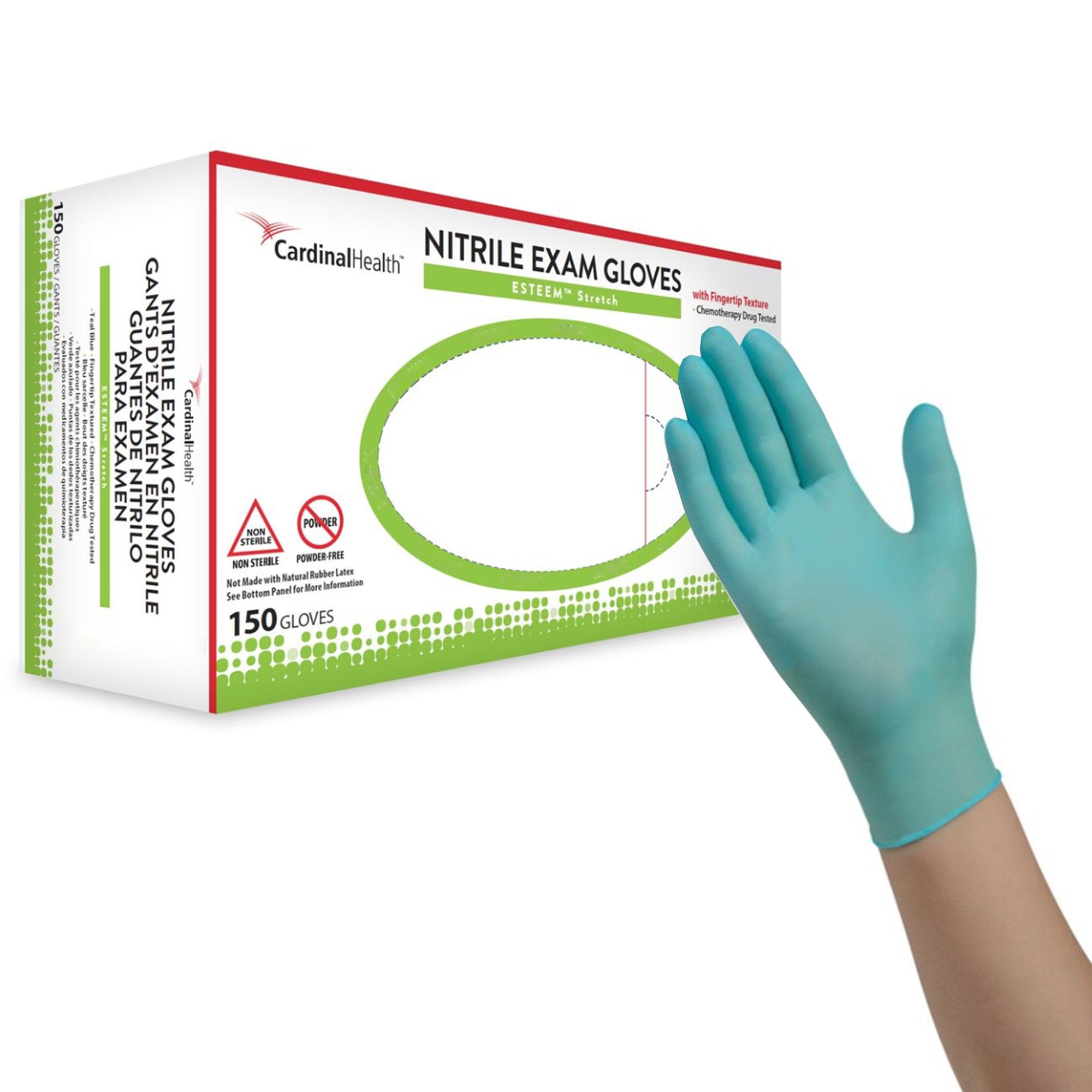 Cardinal - Exam Glove ESTEEM™ Stretch Small NonSterile Nitrile Standard Cuff Length Textured Fingertips Teal Chemo Tested [150/BX]