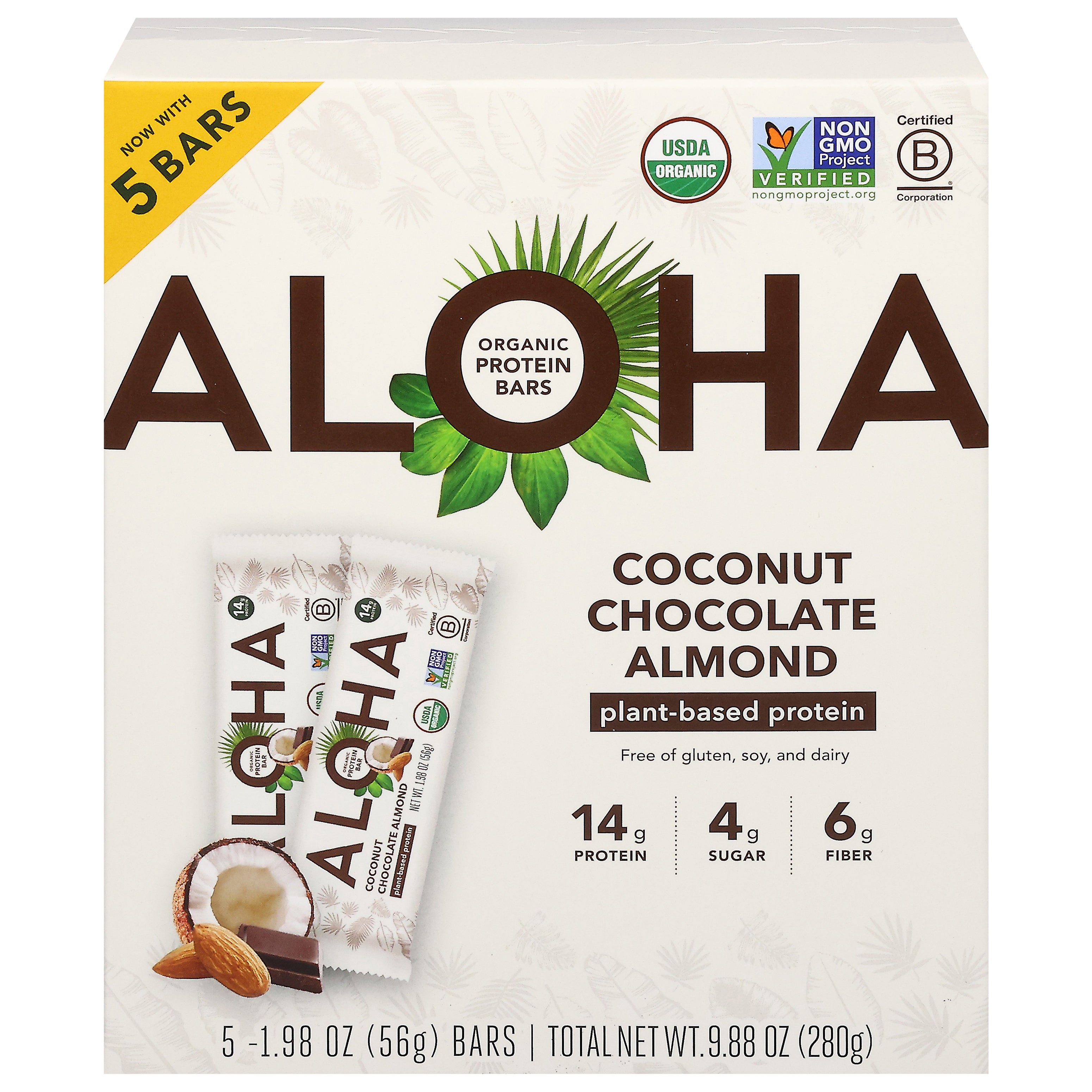 Aloha Organic Coconut Chocolate Almond Protein Bars 5 - 1.98 oz Bars - Case of 6
