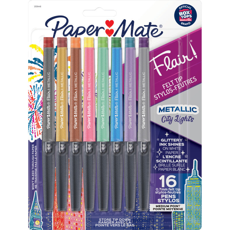 PAPER MATE - Flair Felt Tip Pens, Medium Point (0.7mm), Metallic City Lights, 16 Count