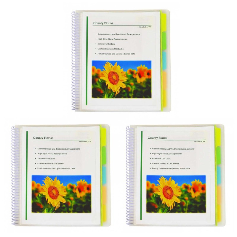 C-LINE - 10-Pocket Poly Portfolio with Write-On Index Tabs, Spiral Bound, 5-Tab, Clear with Assorted Color Tabs, Pack of 3