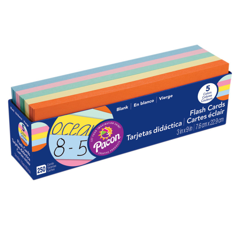 PACON - Blank Flash Card Dispenser Box, 5 Assorted Colors, Unruled 3" x 9", 250 Cards