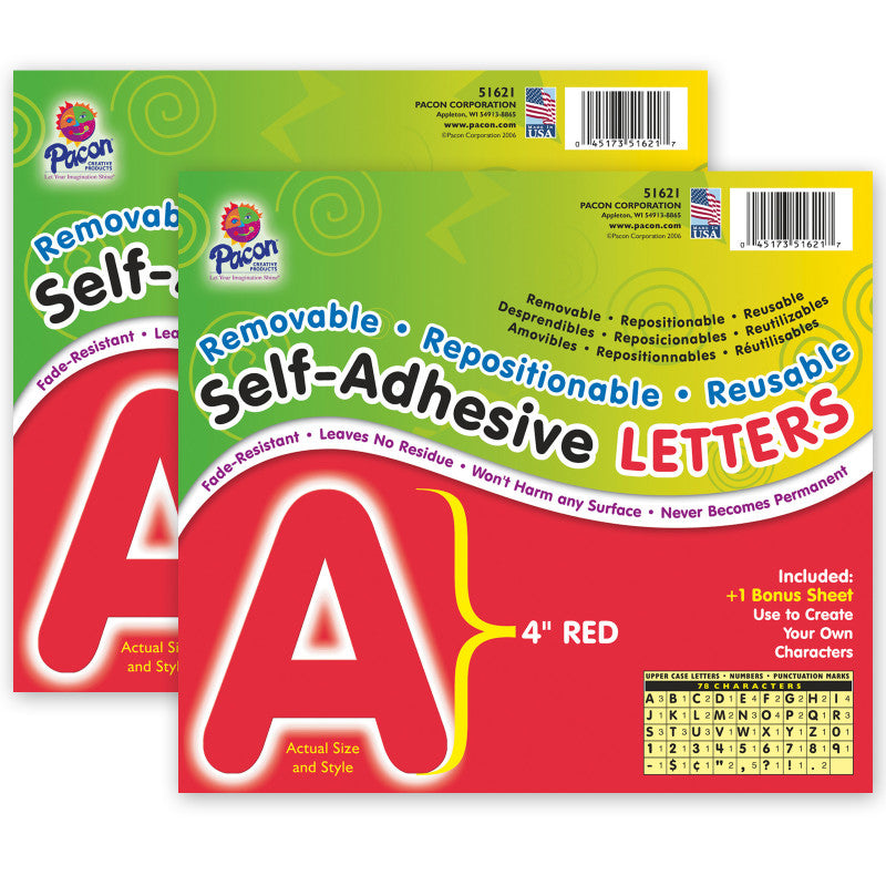 PACON - Self-Adhesive Letters, Red, Puffy Font, 4", 78 Characters Per Pack, 2 Packs