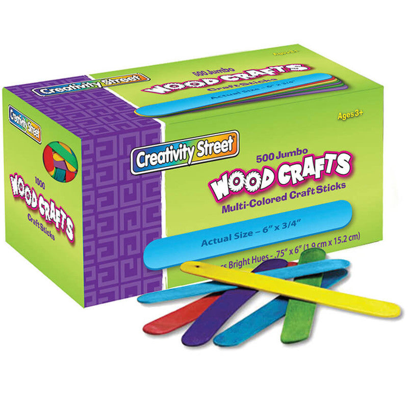 CREATIVITY STREET - Jumbo Craft Sticks, Bright Hues Assorted, 6" x 0.75", 500 Pieces