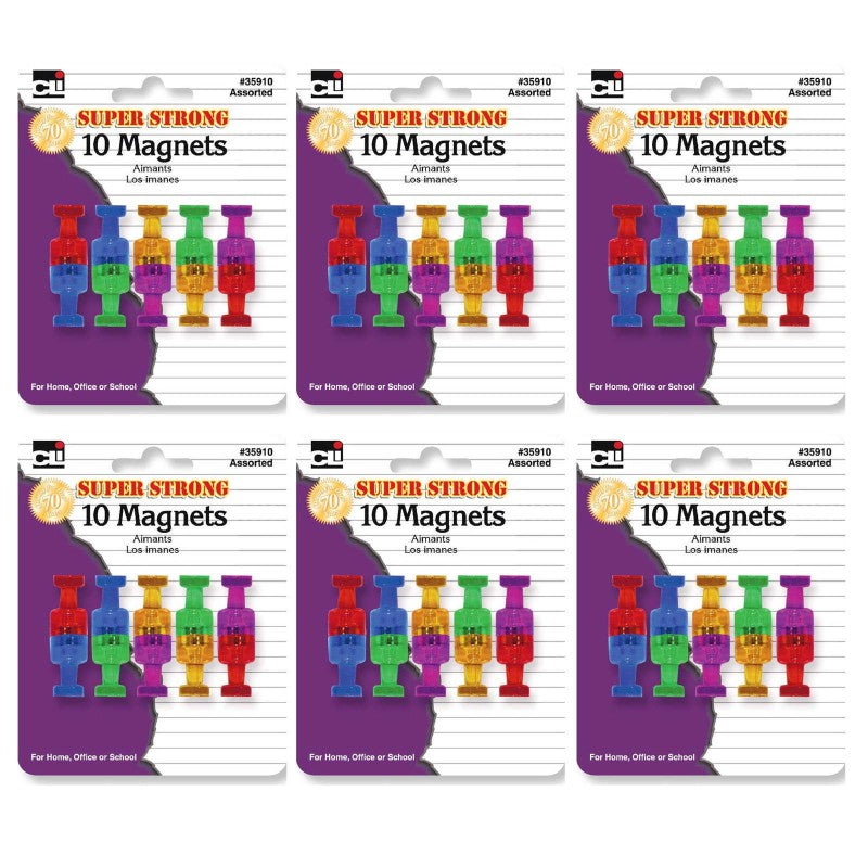 CHARLES LEONARD - Push Pin Style Super Strong Strength Magnets, Assorted Colors, 10 Per Pack, 6 Packs