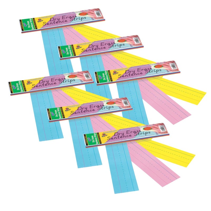 PACON - Dry Erase Sentence Strips, 3 Assorted Colors, 1-1/2" X 3/4" Ruled, 3" x 12", 30 Per Pack, 6 Packs