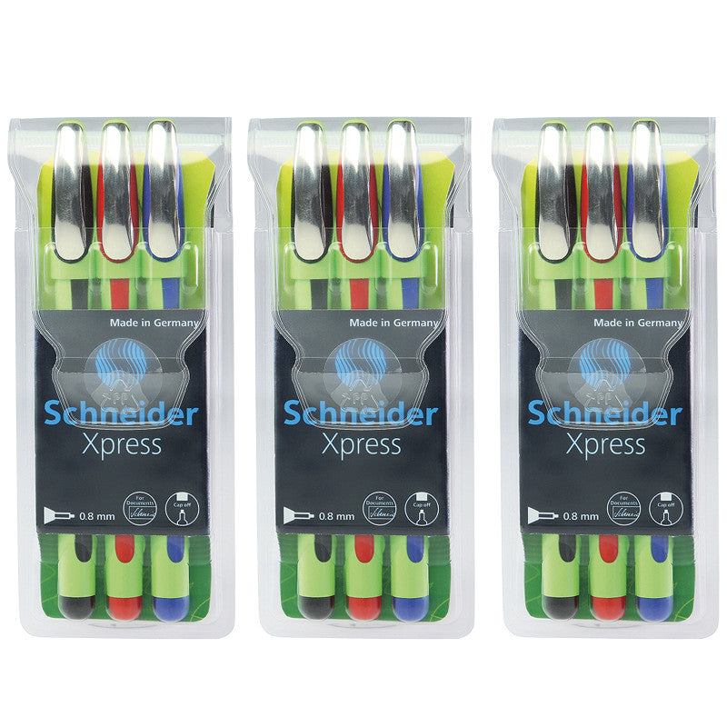 SCHNEIDER - Xpress Fineliner Pen, Fiber Tip, 0.8 mm, 3 Colors Per Pack, 3 Packs