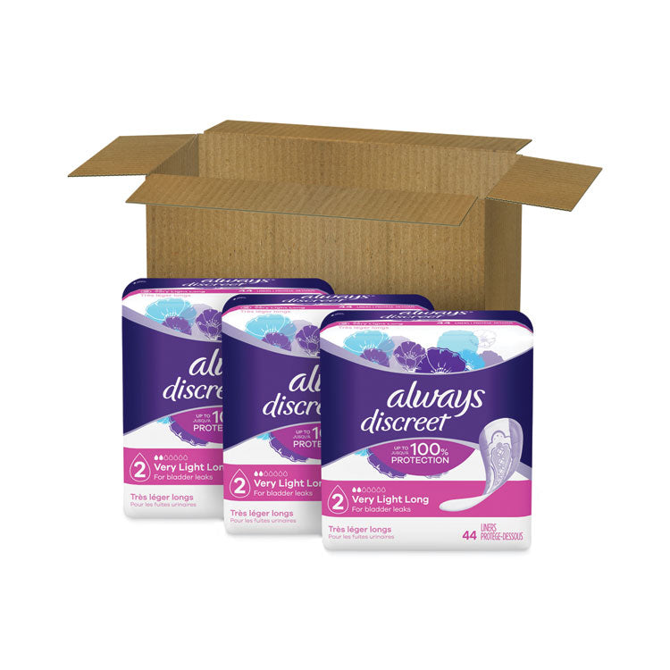 Always - Discreet Incontinence Liners, Very Light Absorbency, Long, 44/Pack, 3 Packs/Carton